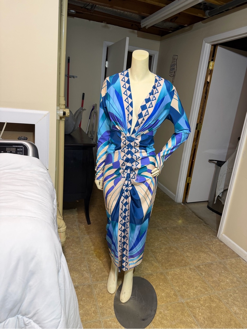 AKIRA Blue Multi-Pattern Long Sleeve V-Neck Dress
